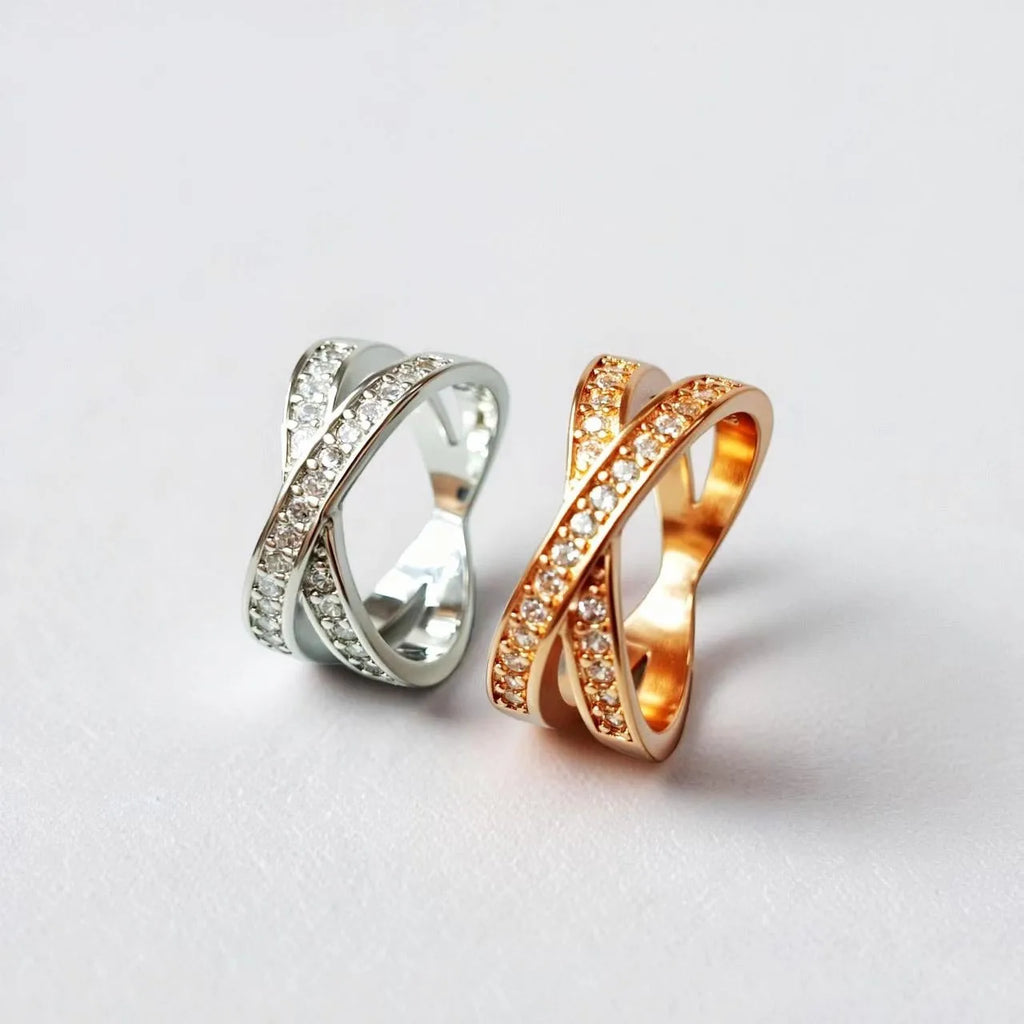 Metal cross ring with micro-inlaid zircon stones in silver and rose gold options