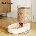 Automatic gravity-fed pet feeder or water fountain with 3.8-litre reservoir in blue, green, grey, or pink colour.