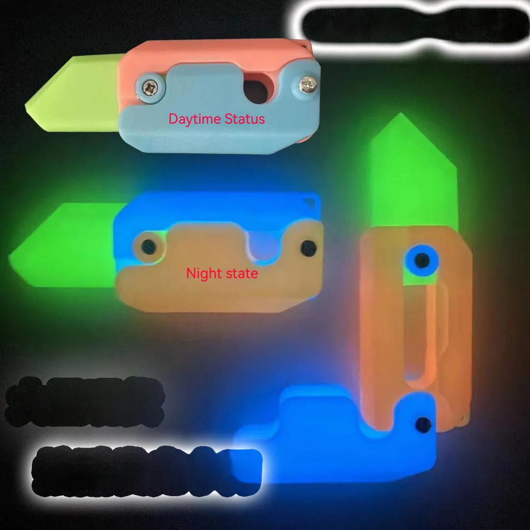 3D printed gravity carrot fidget knife in orange, purple and green colour on white background