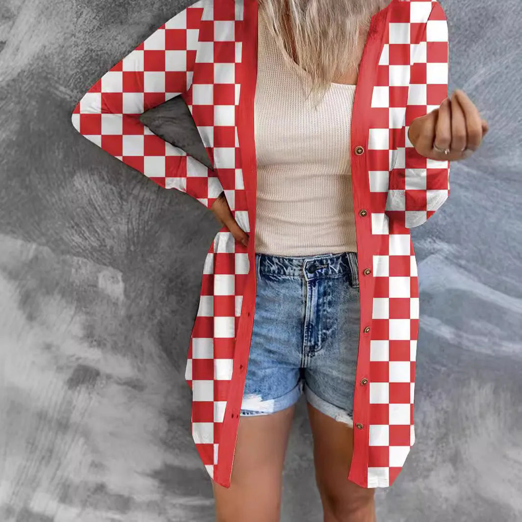 Long grey plaid pattern cardigan coat on a model, showing loose knit and regular sleeves.