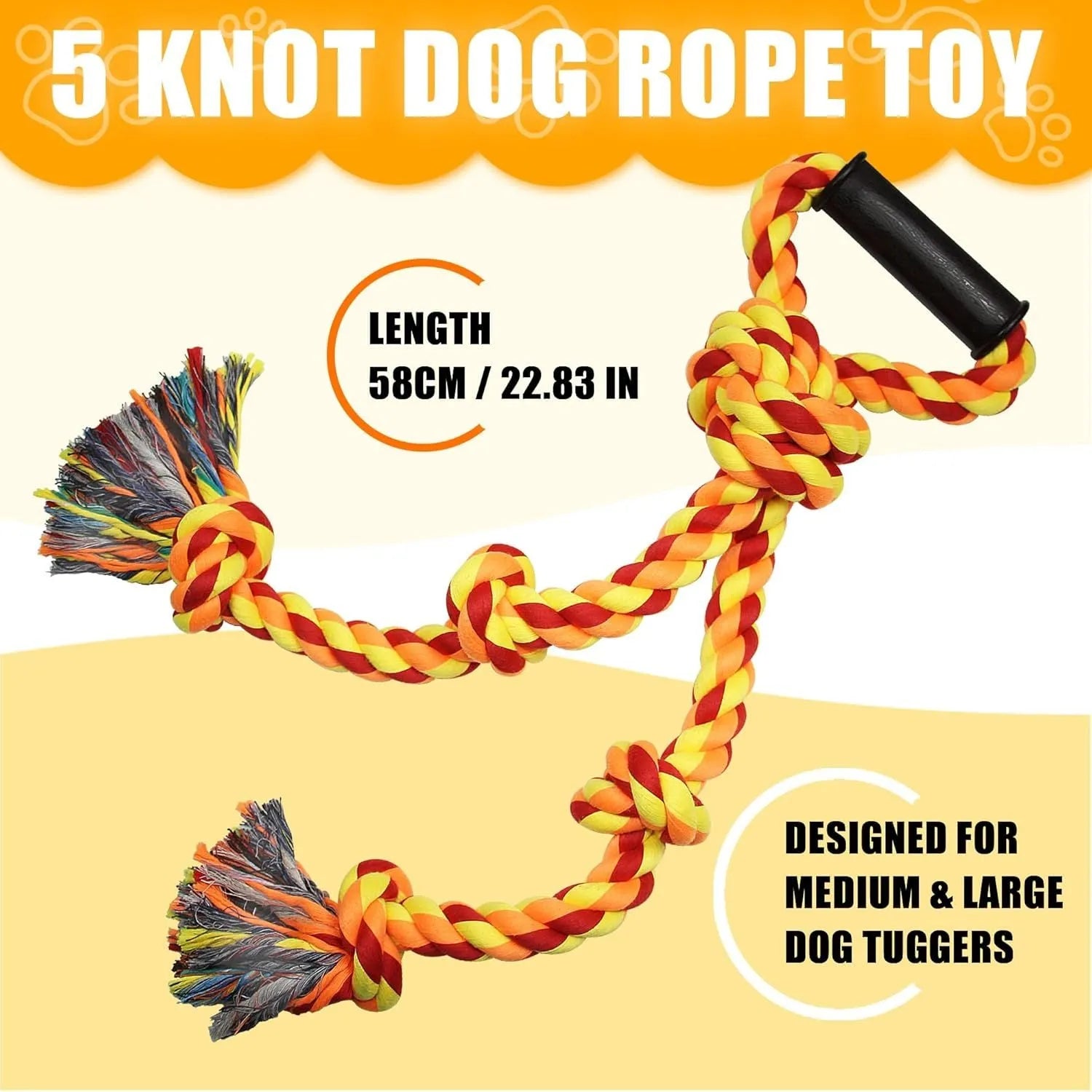 Blue and yellow heavy-duty cotton rope dog toy with ergonomic handle for tug-of-war