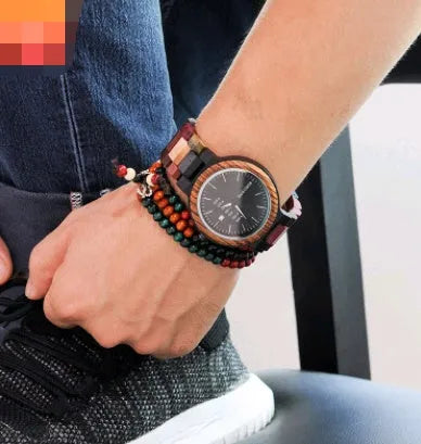 Round wooden men's casual watch with week calendar display on a white background