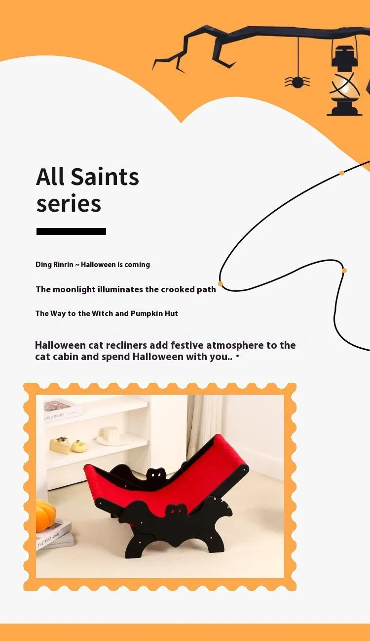 Wooden cat recliner bed in black and red Halloween colours, product specification MW-054