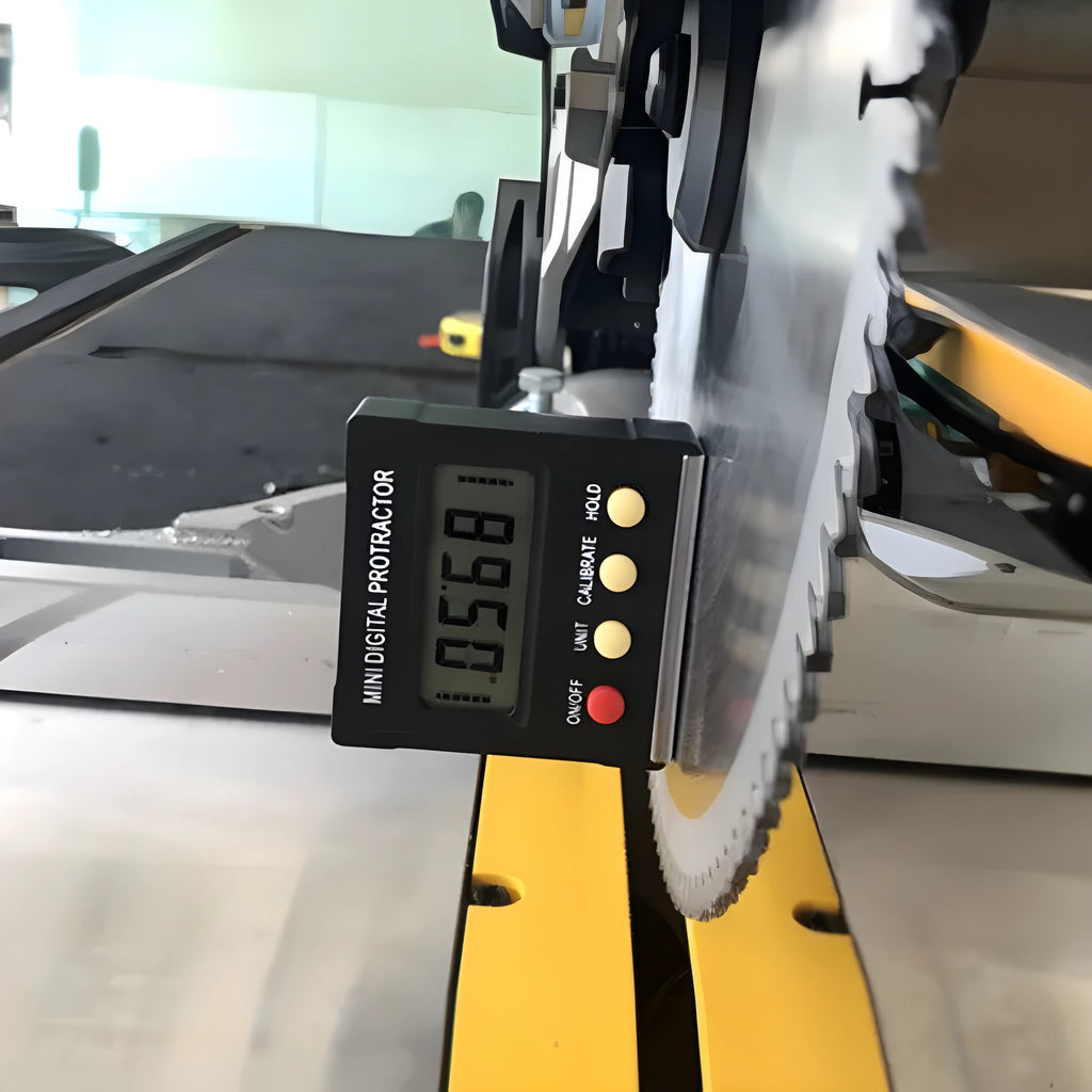 Mini magnetic angle inclinometer with digital display and magnetic base on metal surface