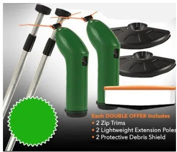 Cordless lawn trimmer with lightweight extension pole and protective debris shield on grass