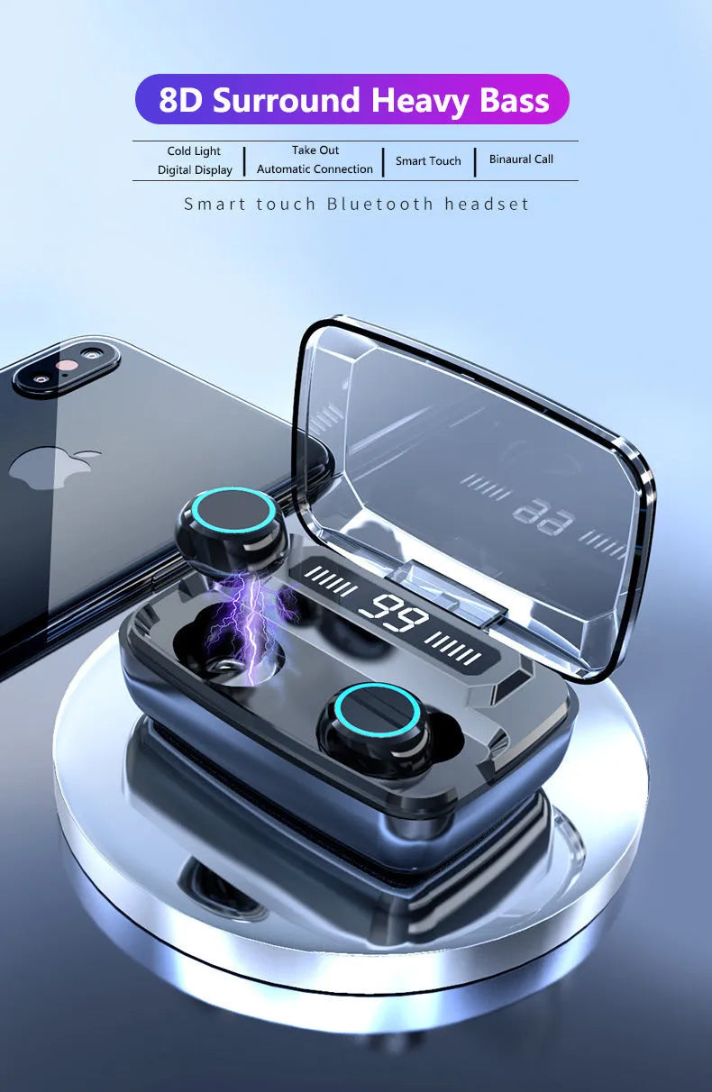 Black M11 Bluetooth wireless headset with digital display and magnetic charging case