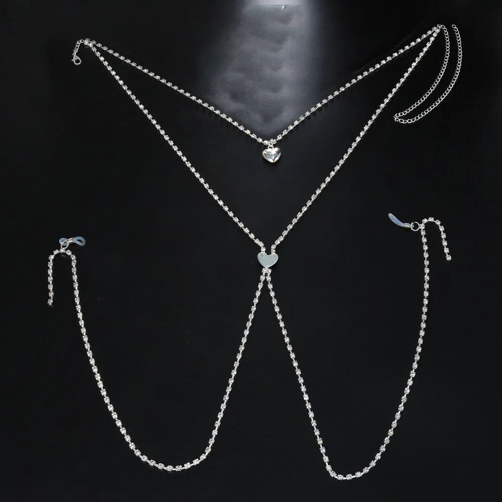 Heart-shaped rhinestone body chain in gold and silver, adjustable with alloy inlay and artificial gemstone details