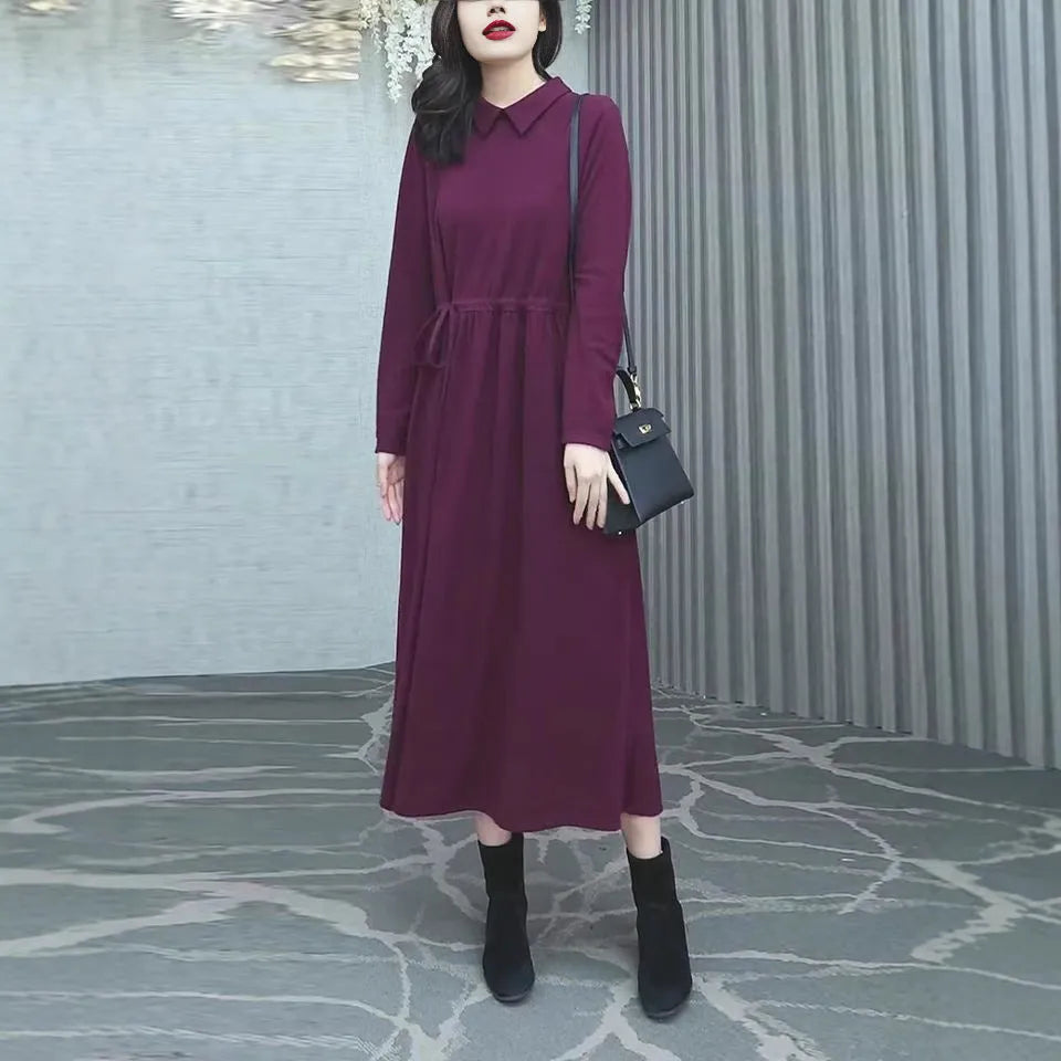 Purplish red women's plus size long sleeve dress with a long skirt for autumn and winter wear.