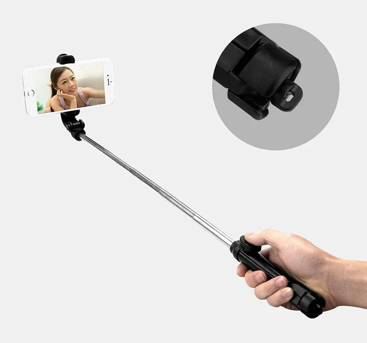 Bluetooth tripod selfie stand with 360° clip and anodised aluminium rod, extended as tripod