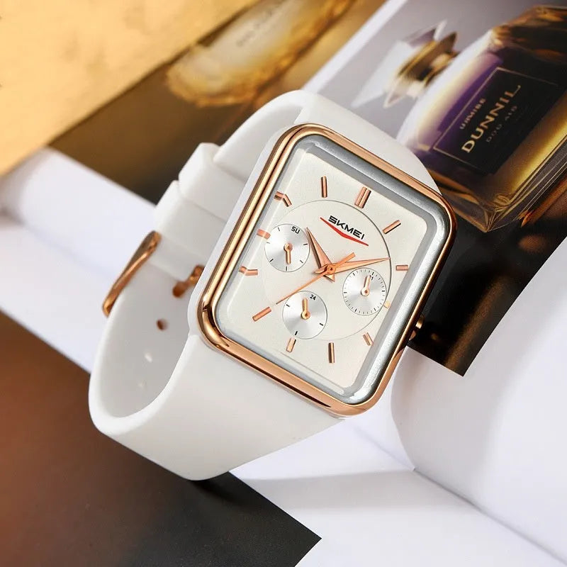 Multi-functional square silicone waterproof watch for girls in white rose gold on a light background