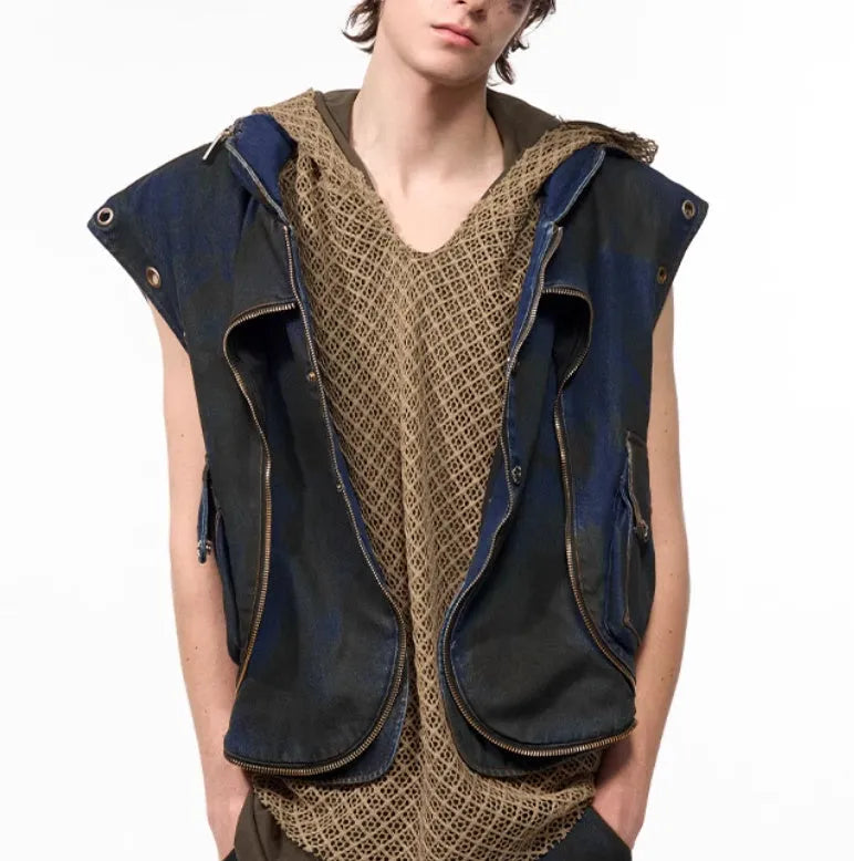 Blue hooded denim vest coat and matching trousers men's two-piece casual set