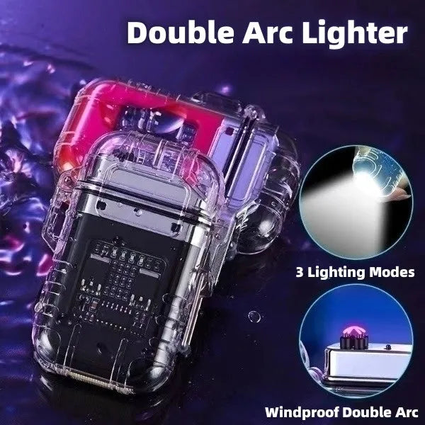Transparent shell double arc lighter with USB rechargeable battery and triple-mode flashlight in black