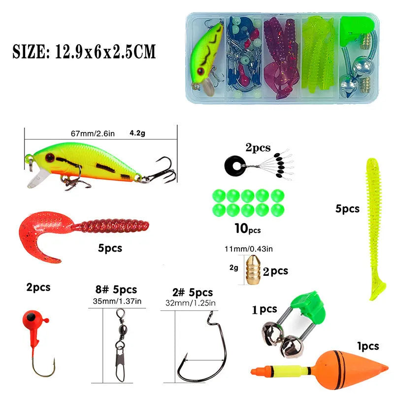 Children's fishing rod and reel combo set in green colour with bait accessory box
