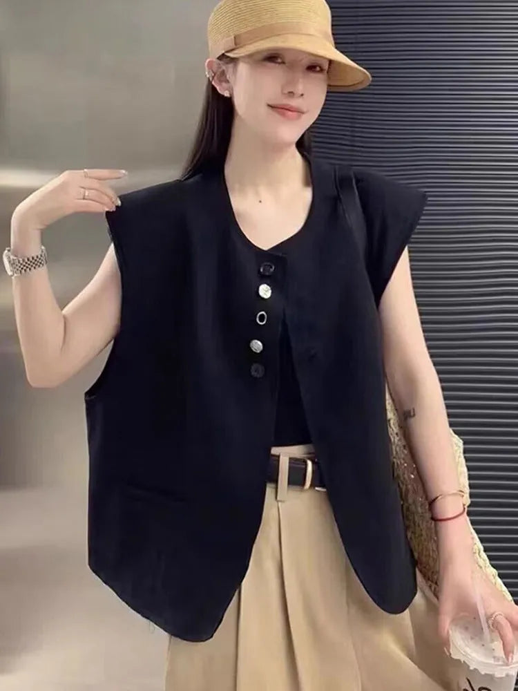 Women's loose-fit sleeveless polyester vest in black with visible pocket detail on the front.