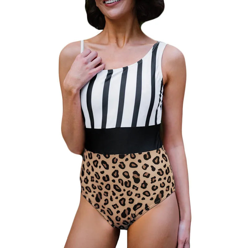 Women's leopard print asymmetric collar high-waist triangle swimsuit laid flat