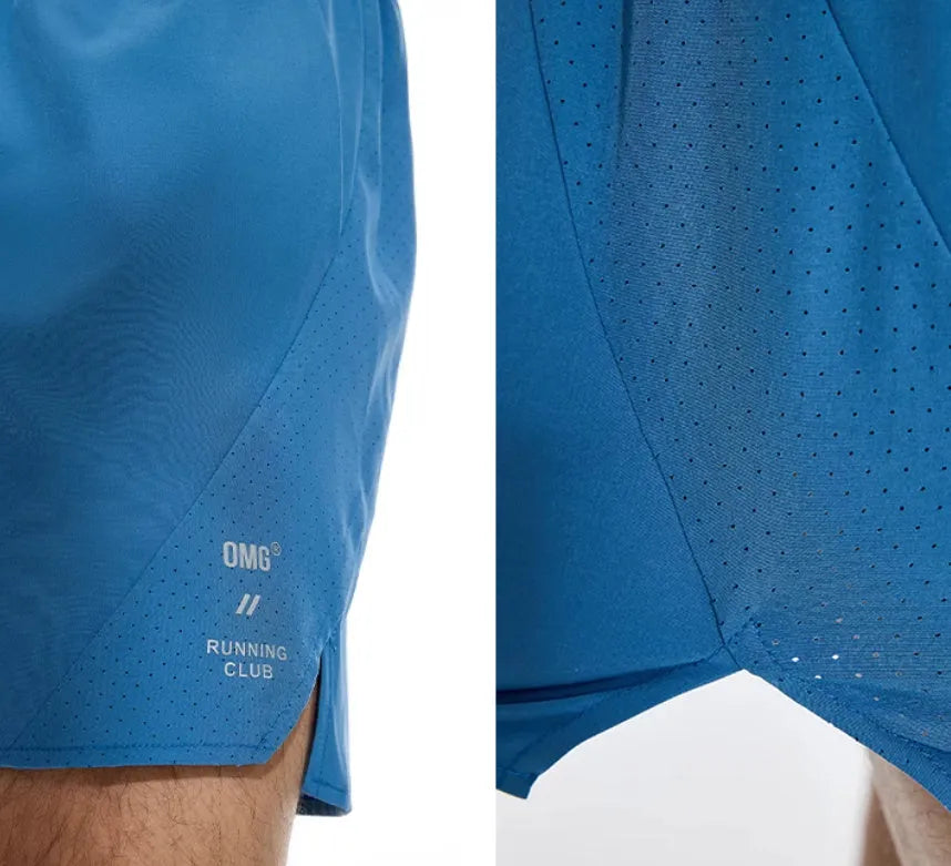 Black and blue running shorts with four-sided stretch and laser-stitched seams for training.