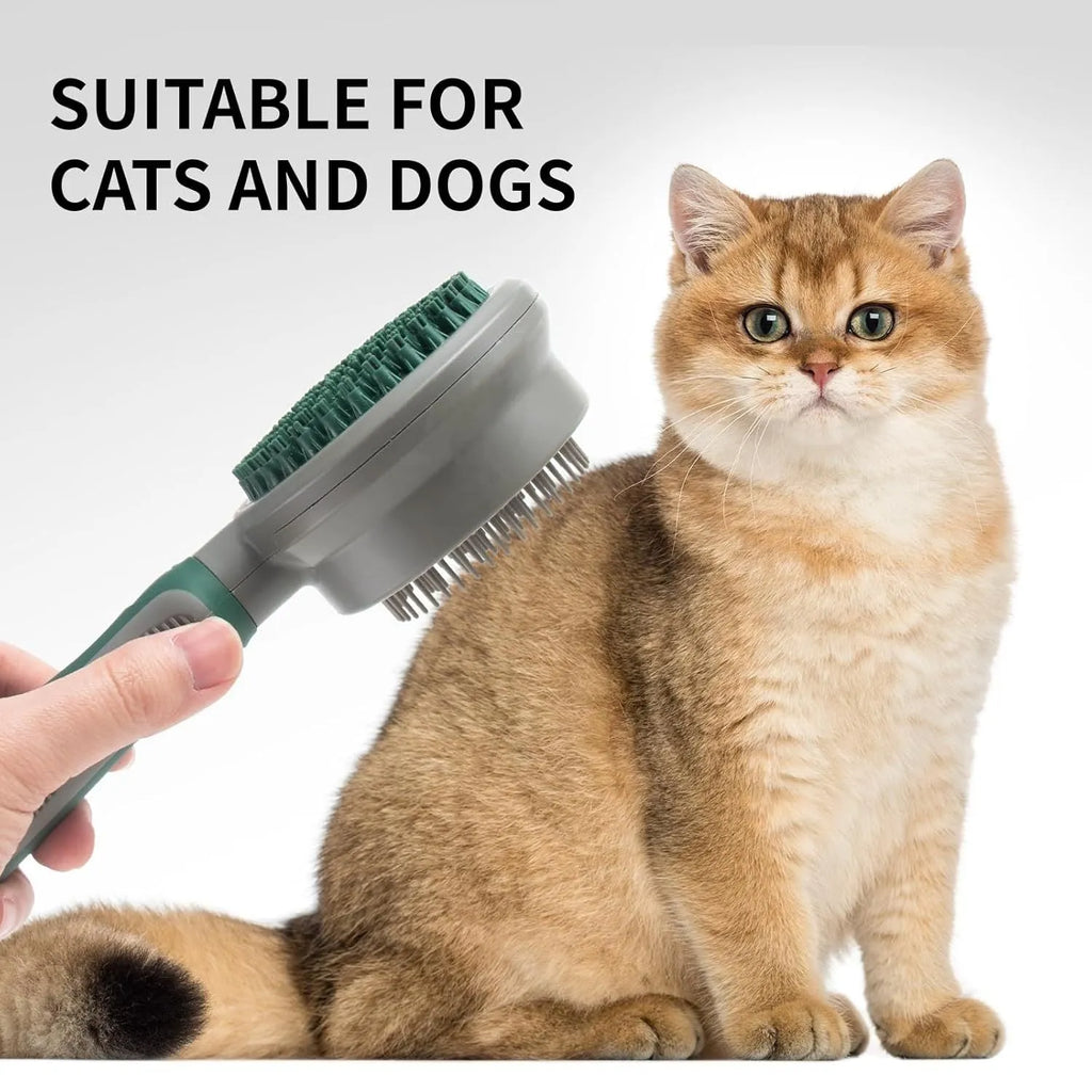 Green dual-sided pet grooming brush showing retractable slicker brush on one side and silicone massage head on other side