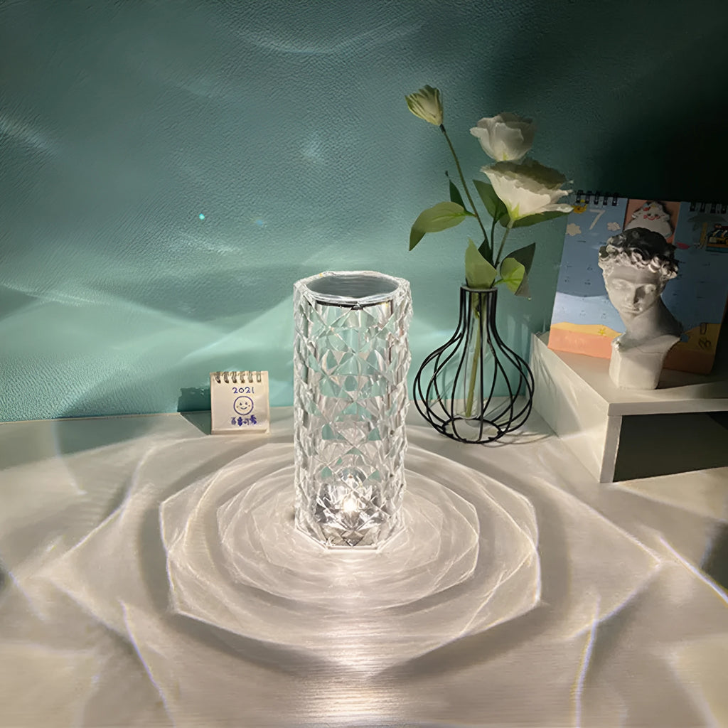Nordic crystal USB touch table lamp with acrylic shade, diamond pattern, 16 colour remote control, black finish