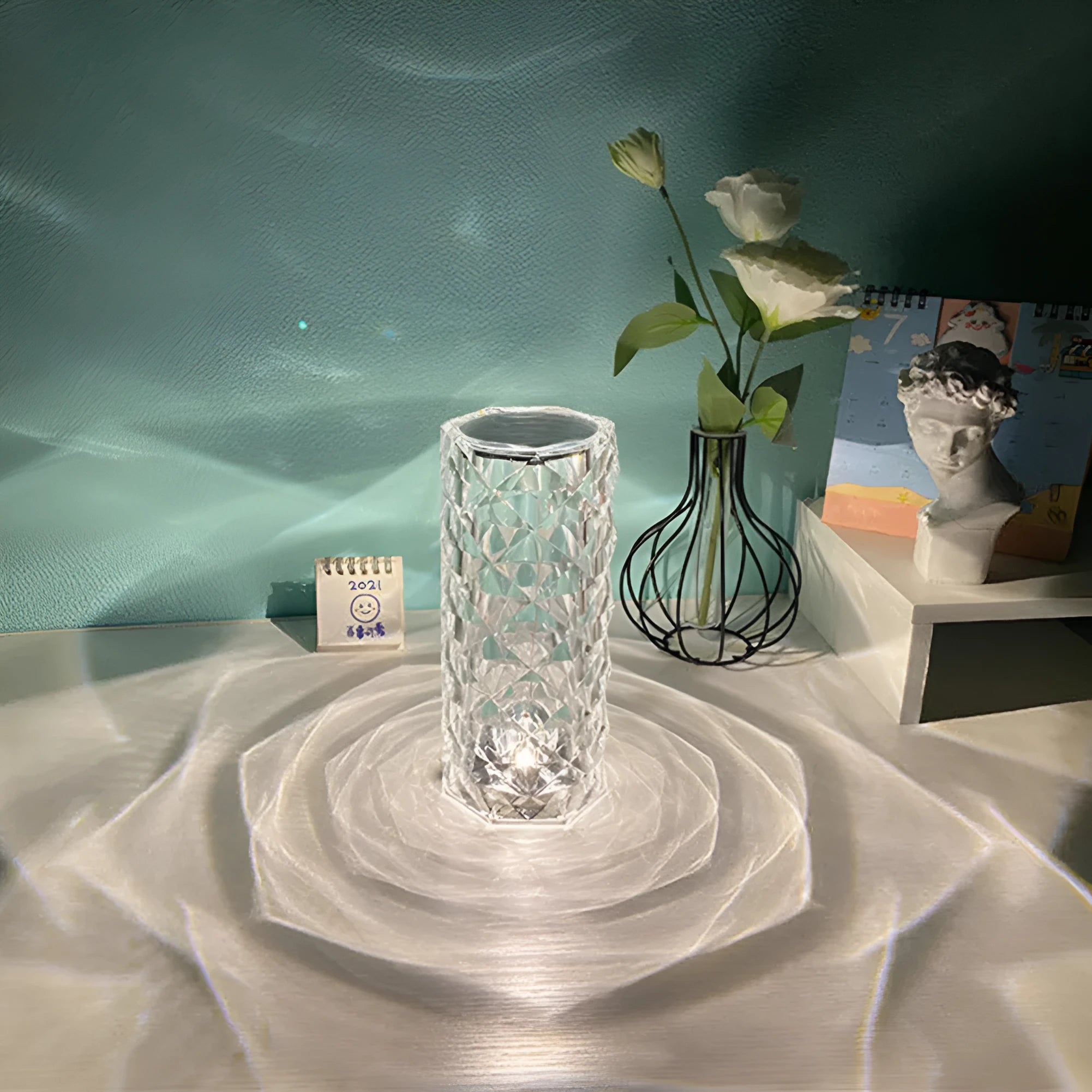 Nordic crystal USB touch table lamp with acrylic shade, diamond pattern, 16 colour remote control, black finish