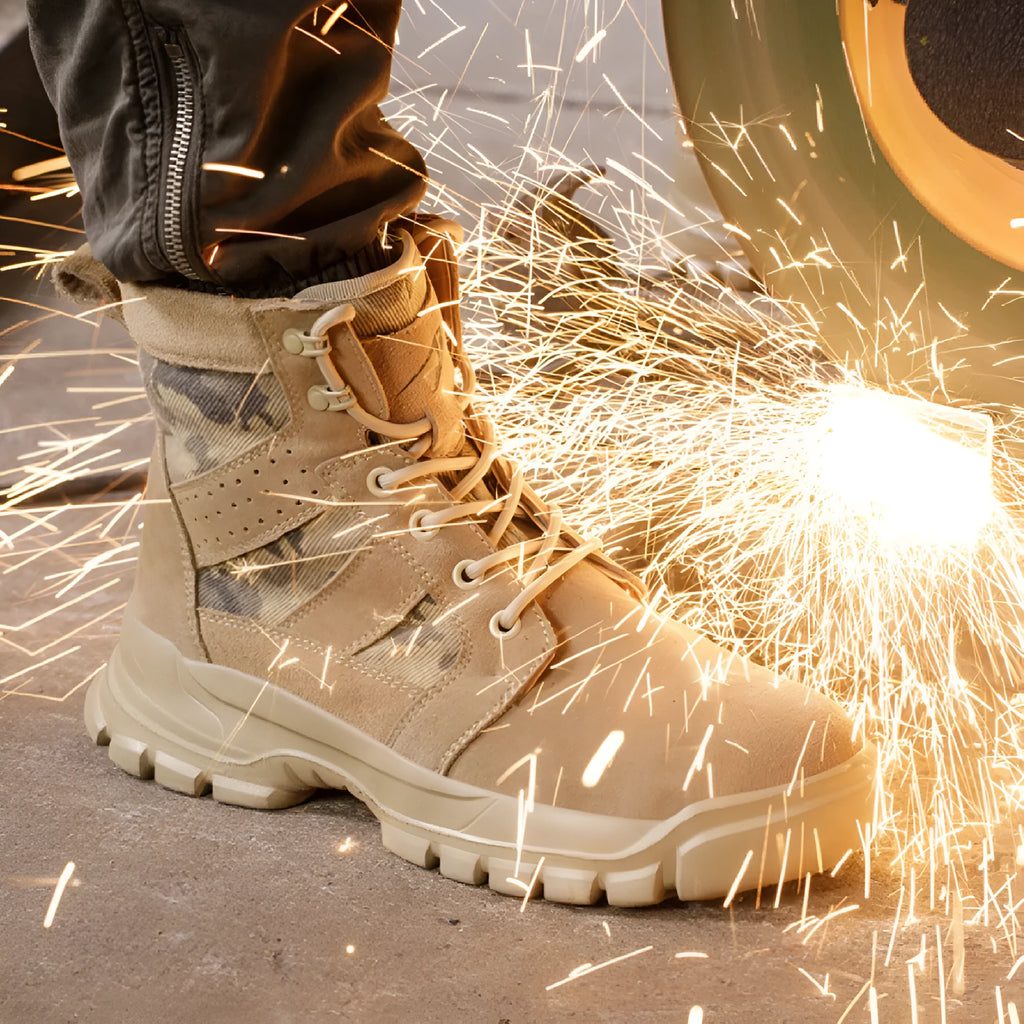 Khaki steel toe cap combat boots with suede upper and round head, laced up on a white background