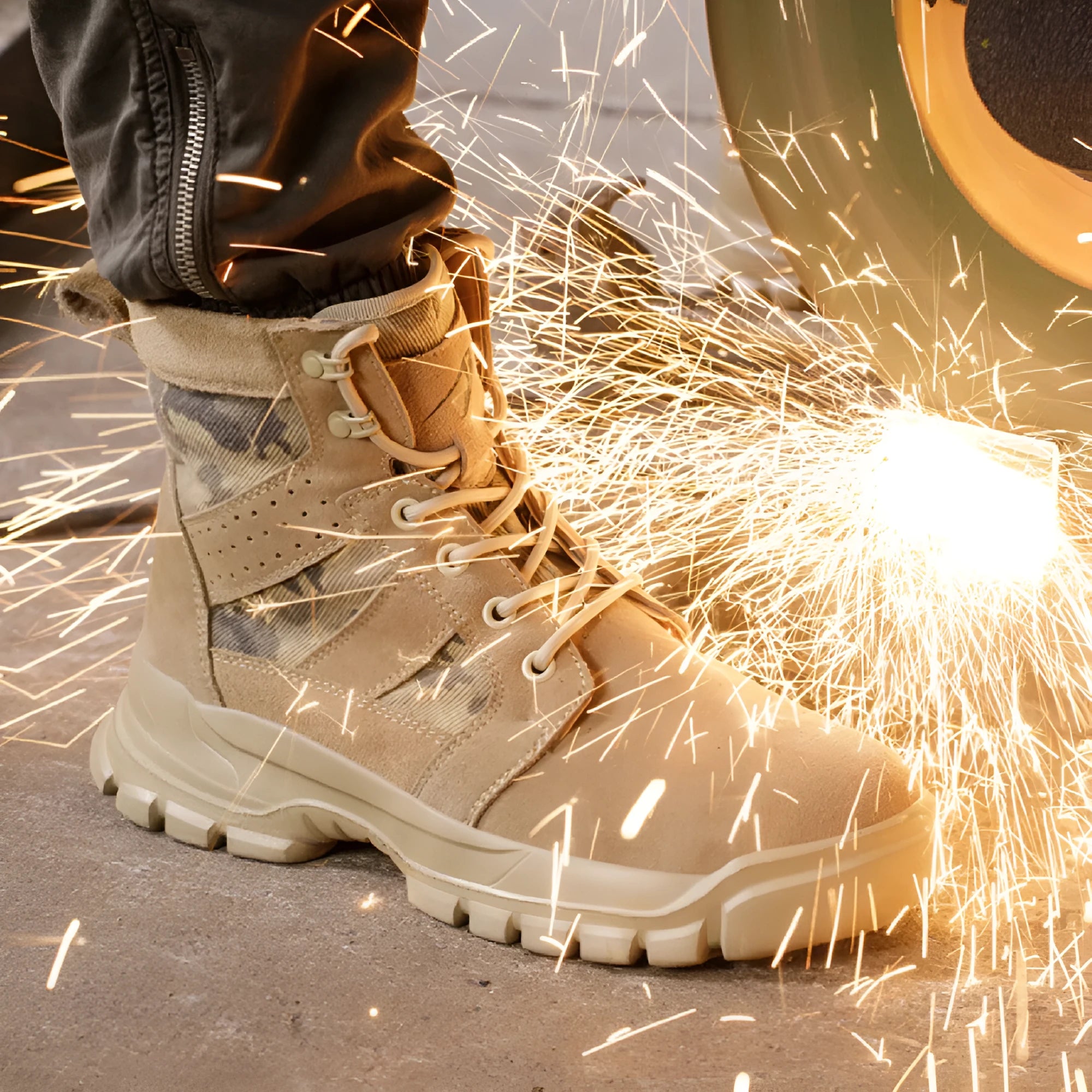 Khaki steel toe cap combat boots with suede upper and round head, laced up on a white background