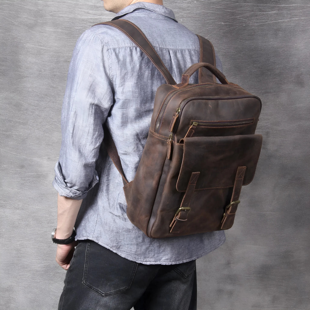 Retro crazy horse leather backpack first layer cowhide dark coffee colour with multiple pockets