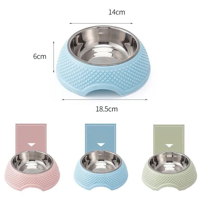 Stainless steel cat food bowl with non-slip base in blue colour on a grey background