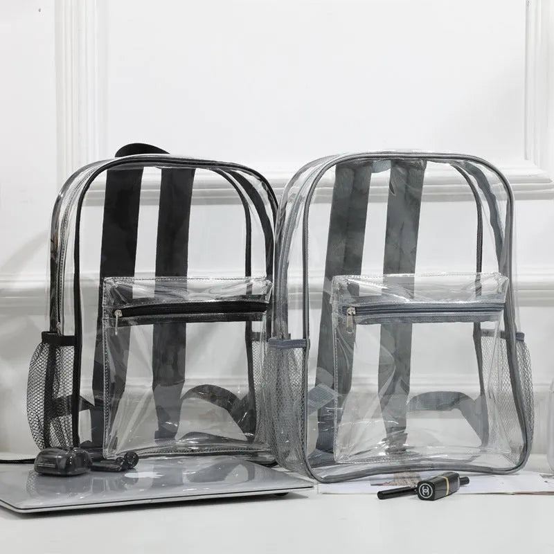 Transparent PVC large capacity outdoor travel backpack in black colour with clear view of contents, shown on a plain background