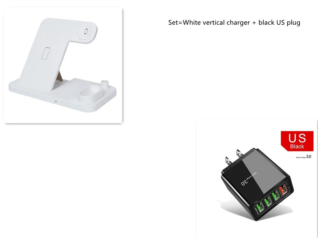 Black 4-in-1 wireless charging station for iPhone, Apple Watch, AirPods and Apple Pencil on a desk