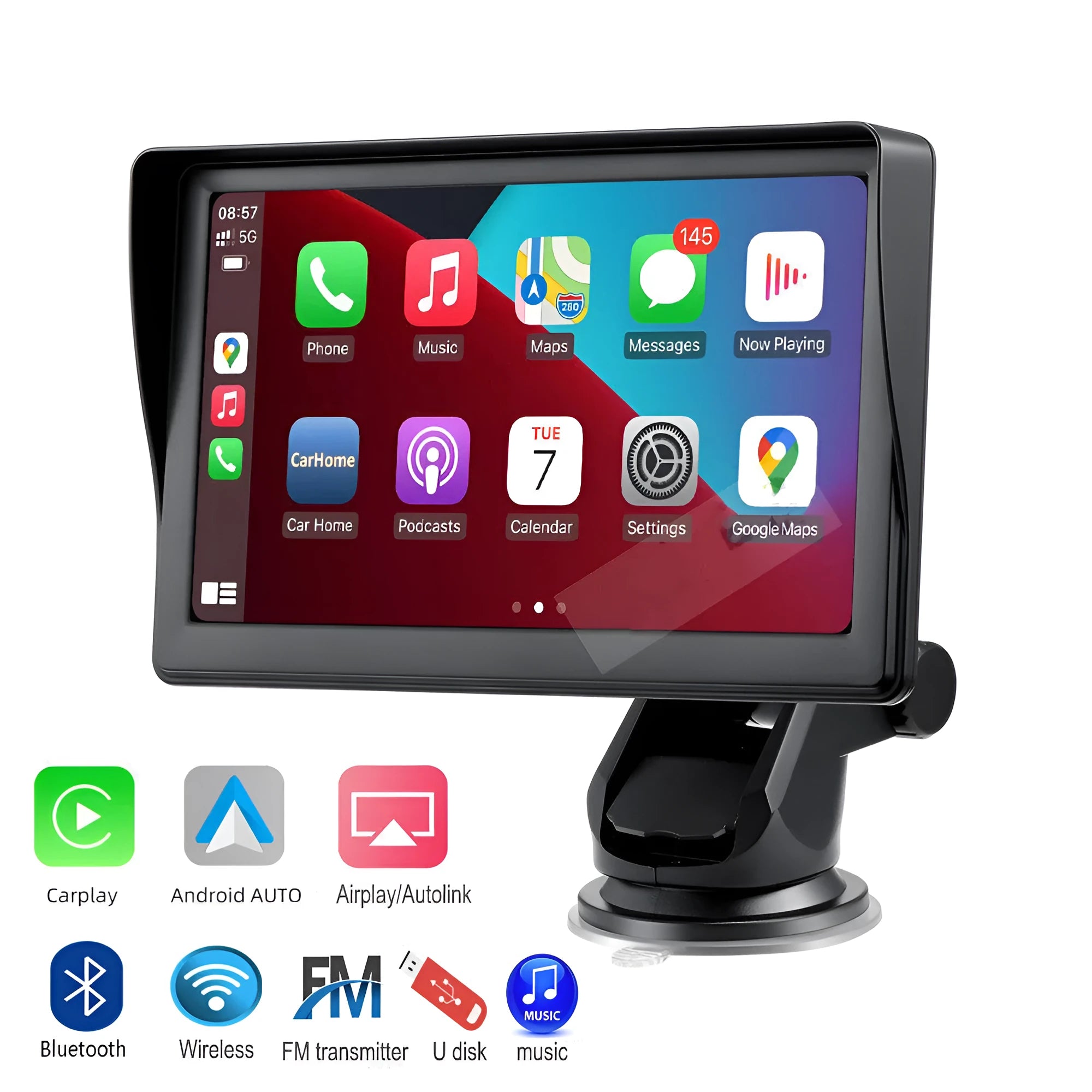 7 inch car smart screen with wireless Carplay and Android Auto on retractable bracket in vehicle