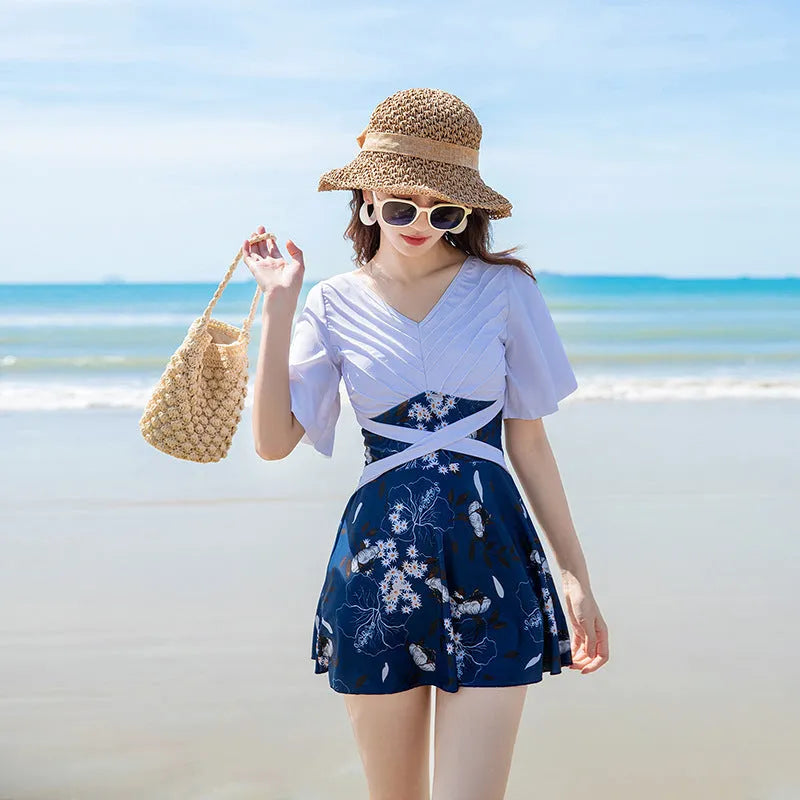 Women's printed one-piece swimsuit in chemical fibre blend, green and blue options, sizes M to 2XL