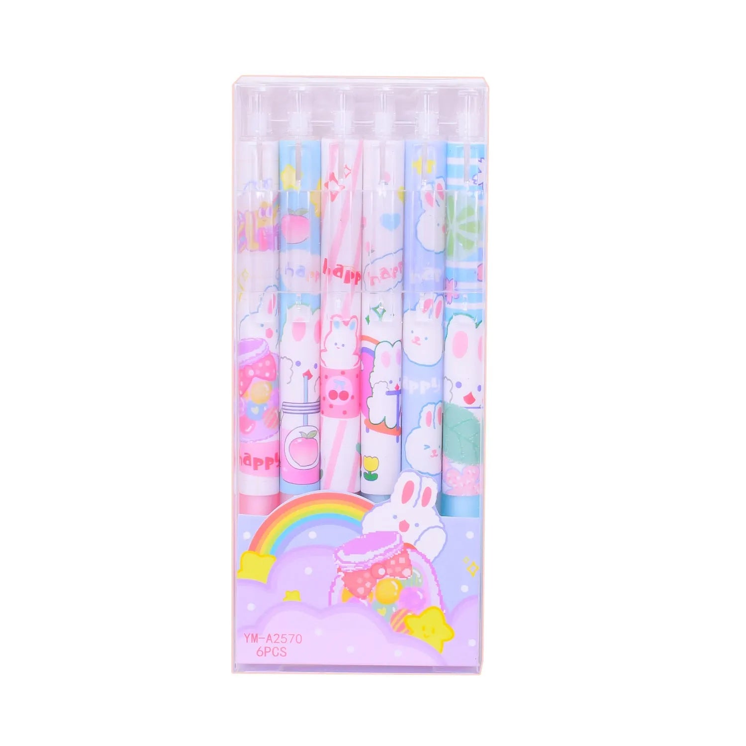 Six cartoon bunny black pens with 0.5mm tips arranged in stationery set