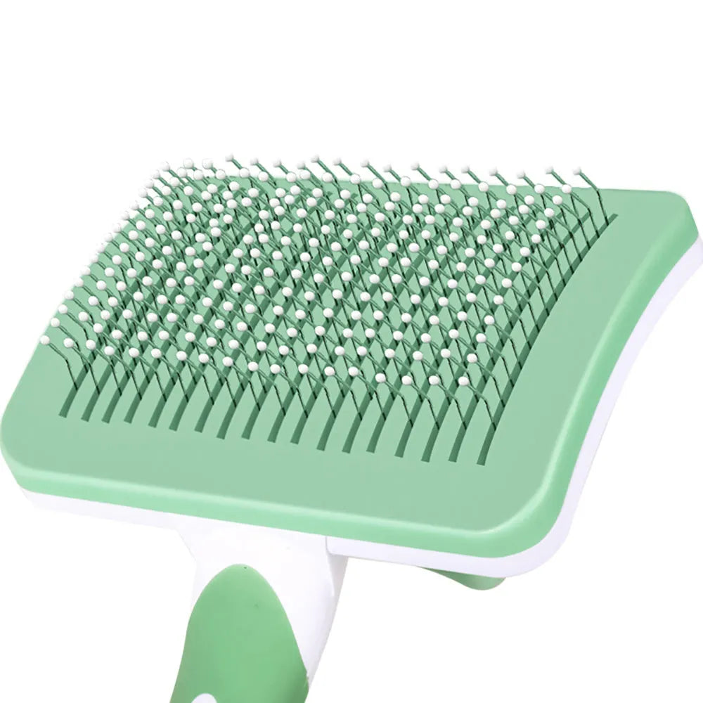 Self-cleaning slicker brush for dogs and cats with gentle bristles and one-click hair release button