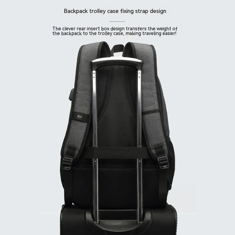 Grey nylon backpack with USB charging port and trolley case sleeve