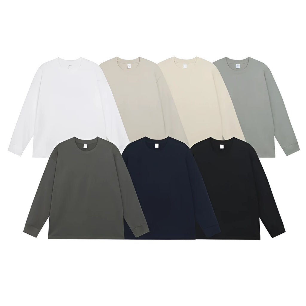 Men's pure cotton long sleeved T-shirt in solid colour, loose fit pullover style.