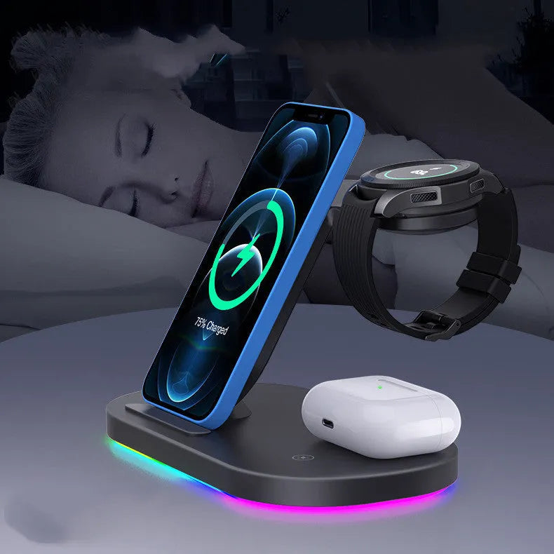 15W three in one wireless charger for watch and mobile phone in black with Type-C input