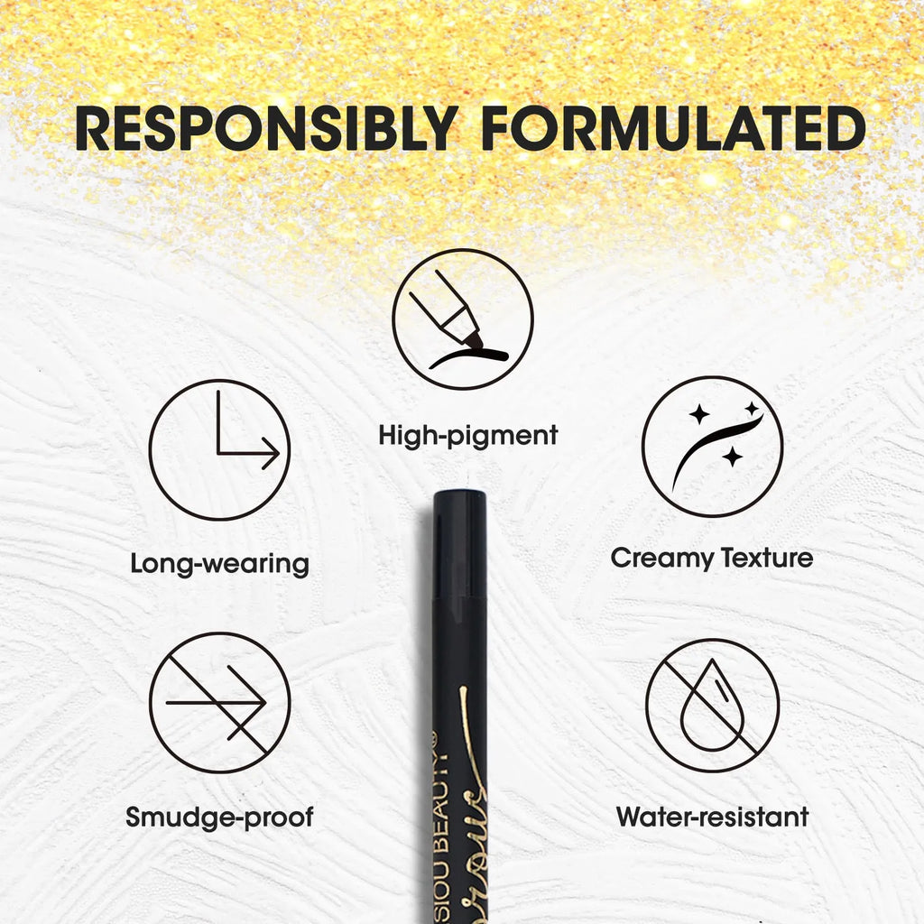 Black liquid eyeliner with smooth texture and waterproof formula for long lasting wear