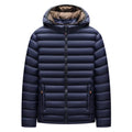 Men's lightweight hooded down jacket in army green with a detachable collar and front zipper.