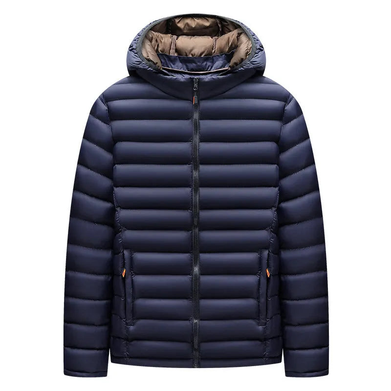 Men's lightweight hooded down jacket in army green with a detachable collar and front zipper.