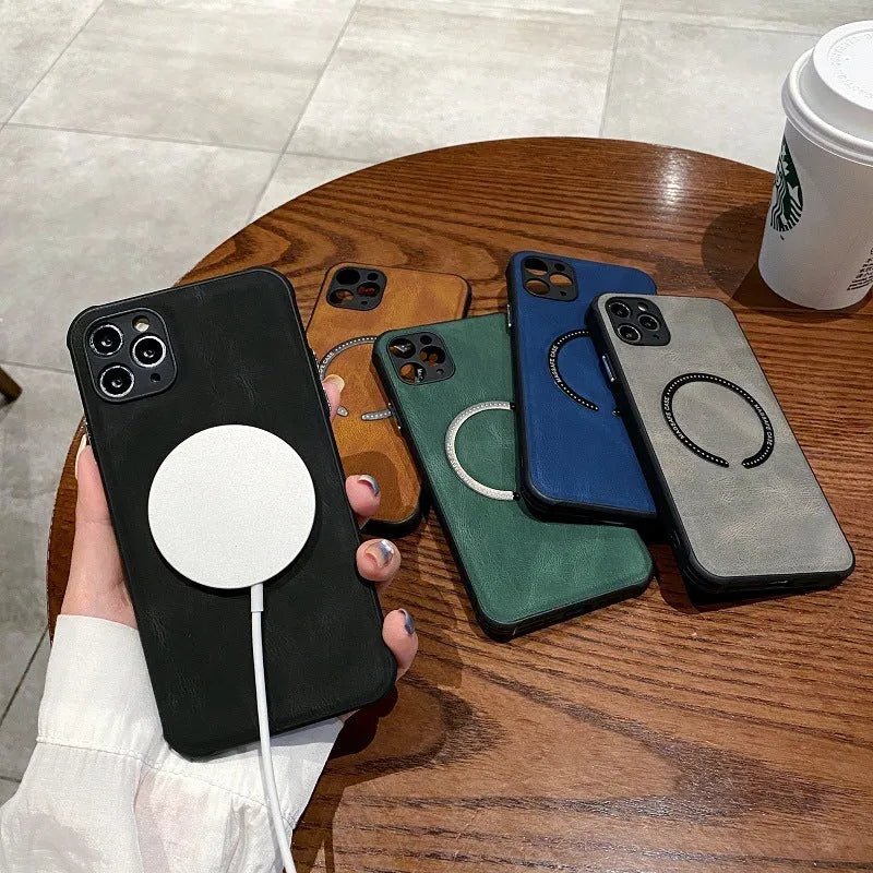 Business magnetic charging phone case imitation leather black fits Apple iPhone models
