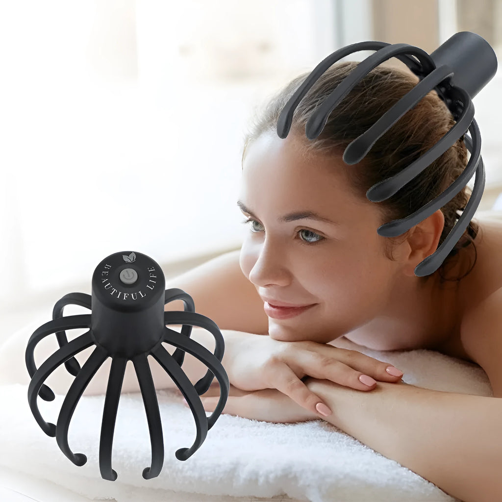 Black electric scalp massager with TPE 3D massage arms and USB charging cable