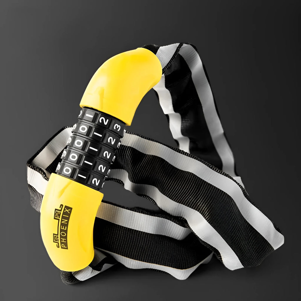 95cm mountain bike chain lock with zinc alloy construction in black or yellow with key or combination options