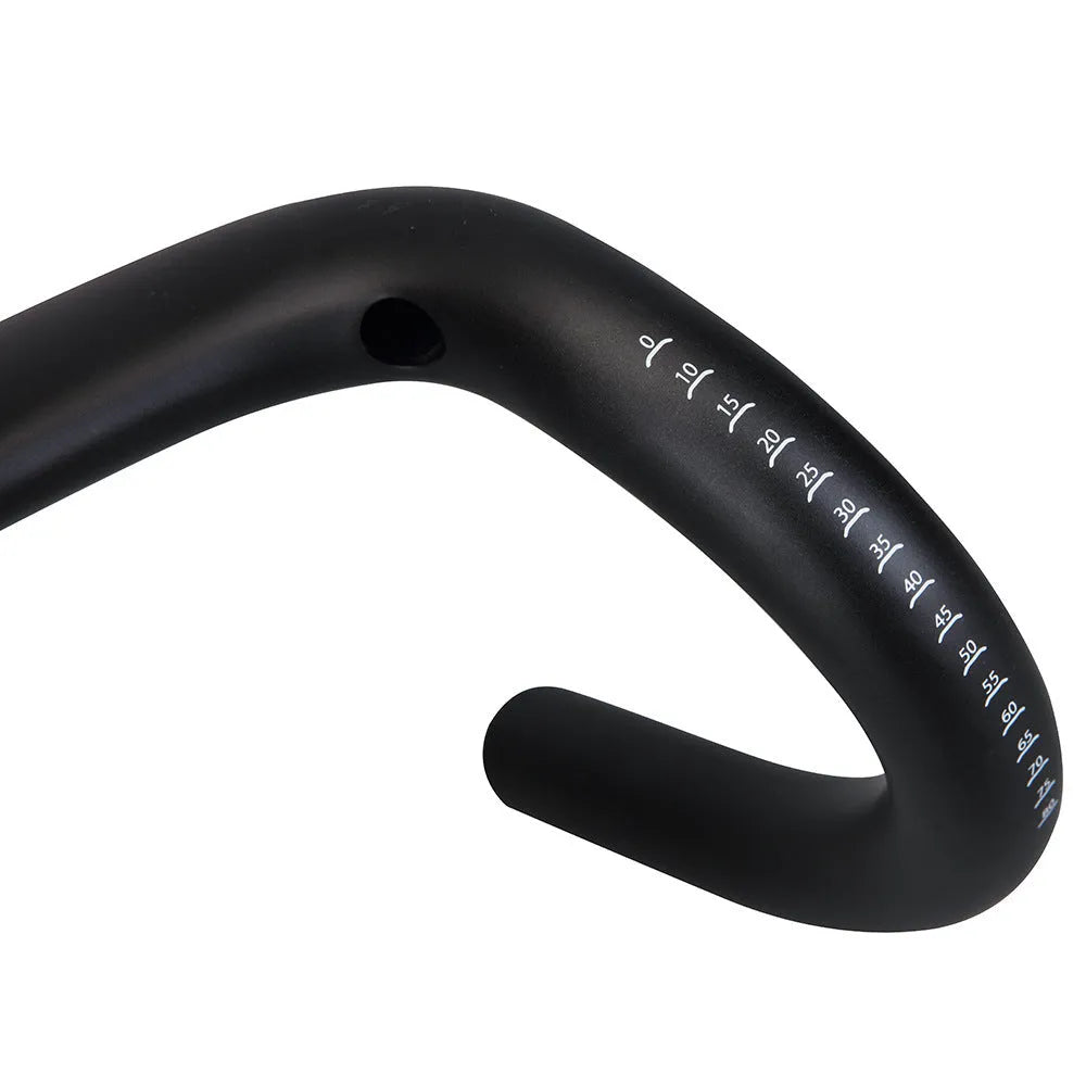 Black carbon fibre bent handlebar with large angle outer swing, 31.8mm clamp, 125mm drop, 80mm extension