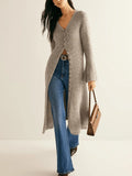 Khaki women's long sleeve viscose acrylic button cardigan coat with retro style
