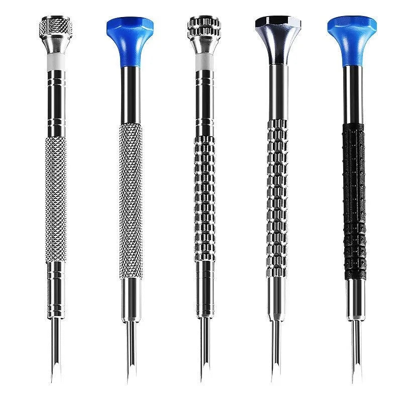 Watch repair tool set with precision manual screwdriver and multiple interchangeable heads including coarse mesh octagonal and round options