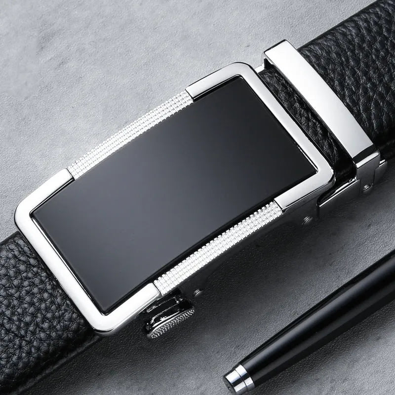 Men's leather automatic buckle belt in gun black, silver, and gold finishes showing the Comfort Click mechanism.