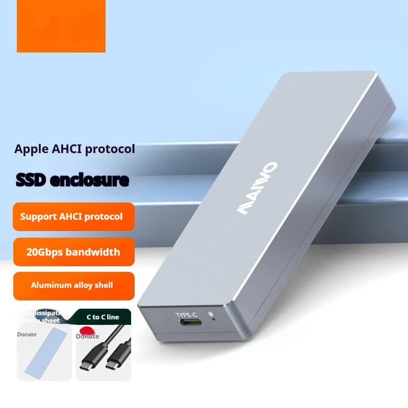 M.2 SATA SSD hard drive enclosure with Type-C cable, screwdriver, screws, and silicone heat pad