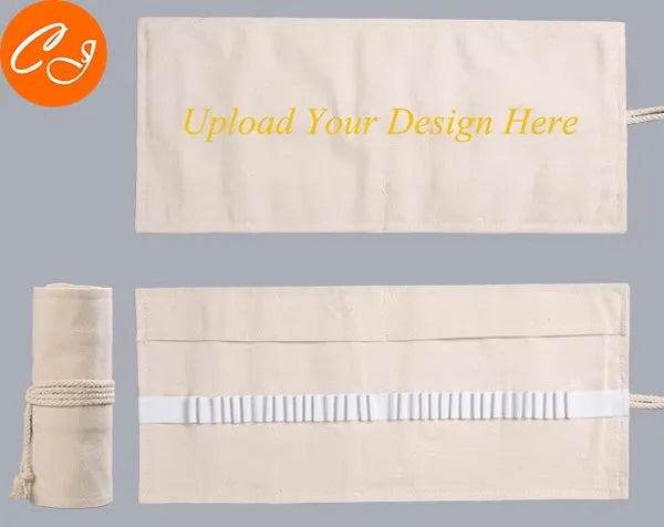 Canvas pencil wrap roll up case with elastic bands holding coloured pencils, available in multiple slot sizes