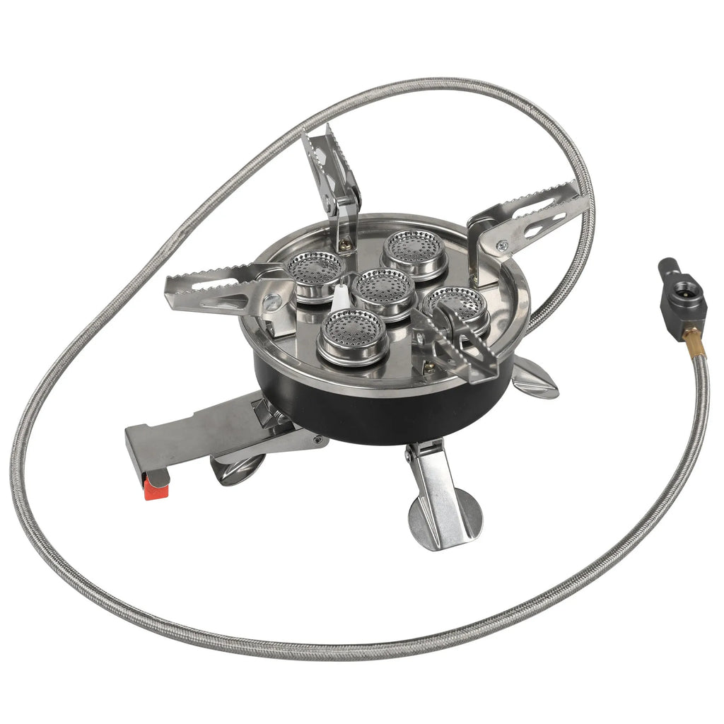 Silver portable split camping stove with stainless steel construction and 100cm hose