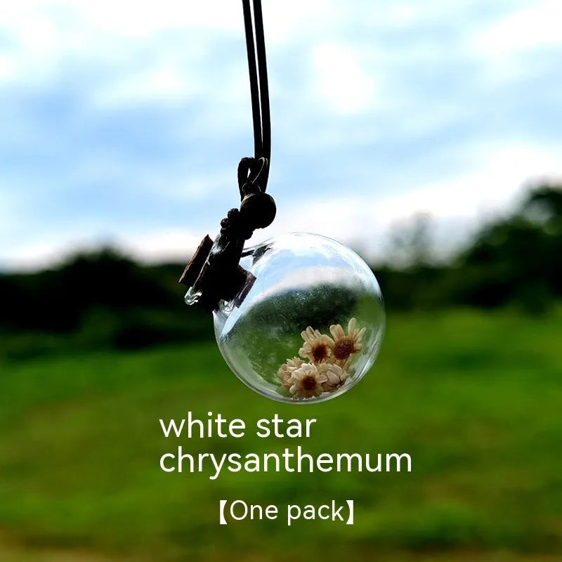 Glass fire extinguisher shaped pendant with preserved hydrangea flowers for car interior decoration